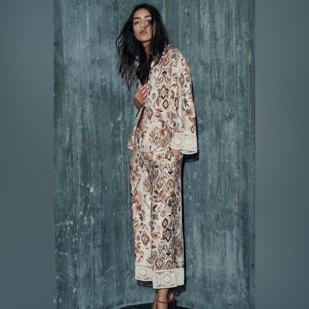 Zara Cream and Brown Printed Wide-Leg Pants